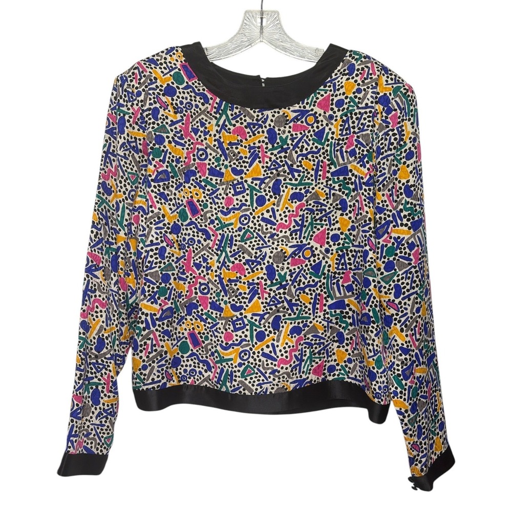 Flora Kung Vintage Silk Geometric Abstract Print Blouse 80s 90s Multi-Color 8